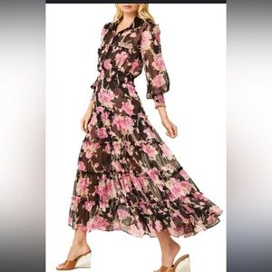 MISA Los Angeles Aydeniz dress Black Floral Tiered Midi Dress Sz M
